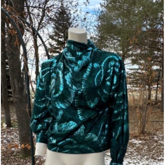 70s Bernard Cowan Liquid Satin Blouse Jacquard Print Green Metallic Mock Neck Sz - Picture 1 of 7